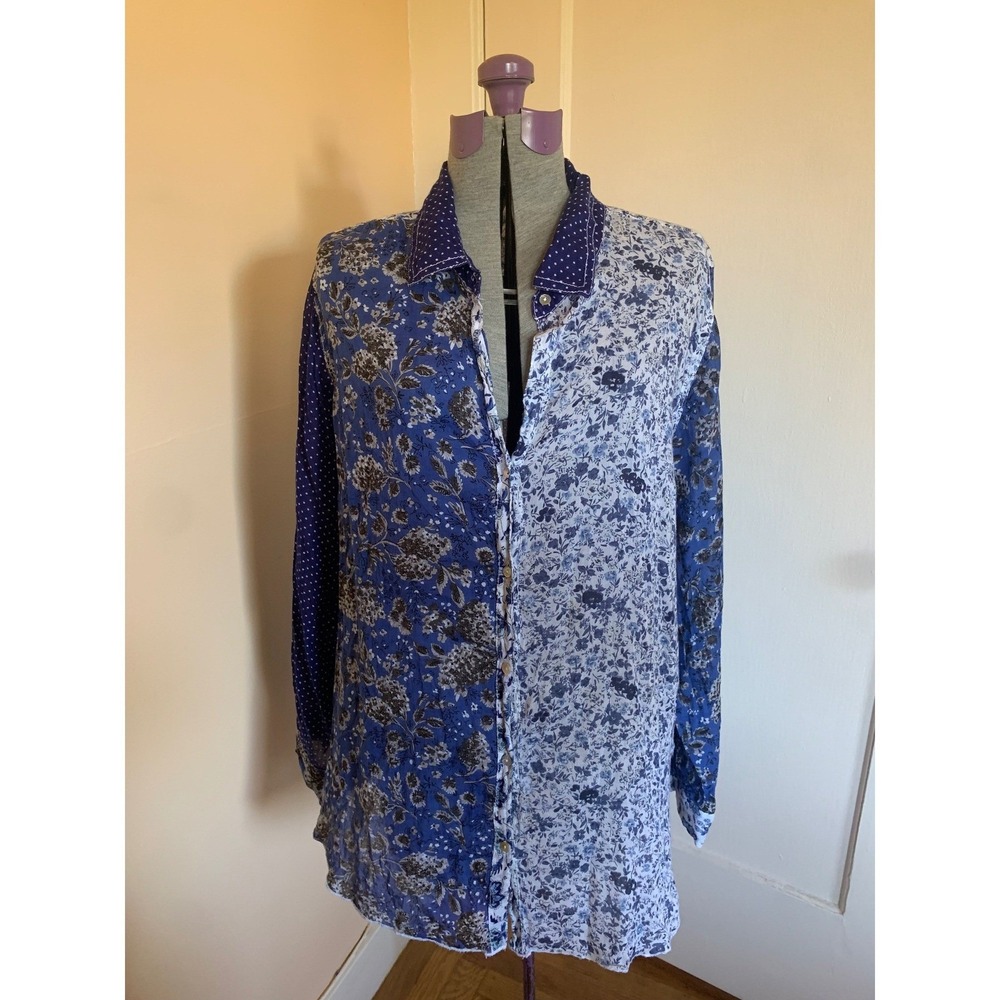 New Direction XL Blue Floral Polka Dot Mixed Print Cotton Button Up Shirt